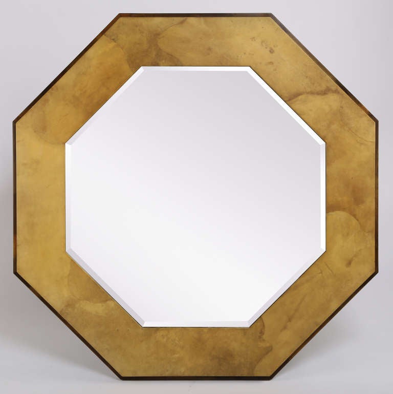 Goatskin Karl Springer Style Octagonal Mirror in Parchment, circa 1970s For Sale