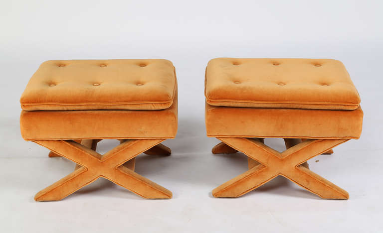 Pair of x-base benches entirely upholstered in the original burnt-orange velvet. These benches are in our Brooklyn showroom.