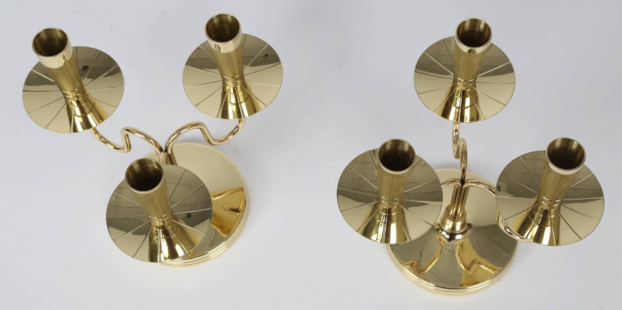 Polished Pair of Solid Brass Candelabra by Tommi Parzinger, circa 1950s