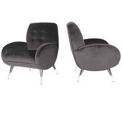 Vintage Pair of 1950s Italian Lounge Chairs in Chocolate Mohair