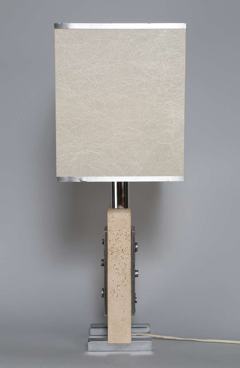 Travertine and Steel Italian Table Lamp, circa 1970s In Good Condition For Sale In Brooklyn, NY