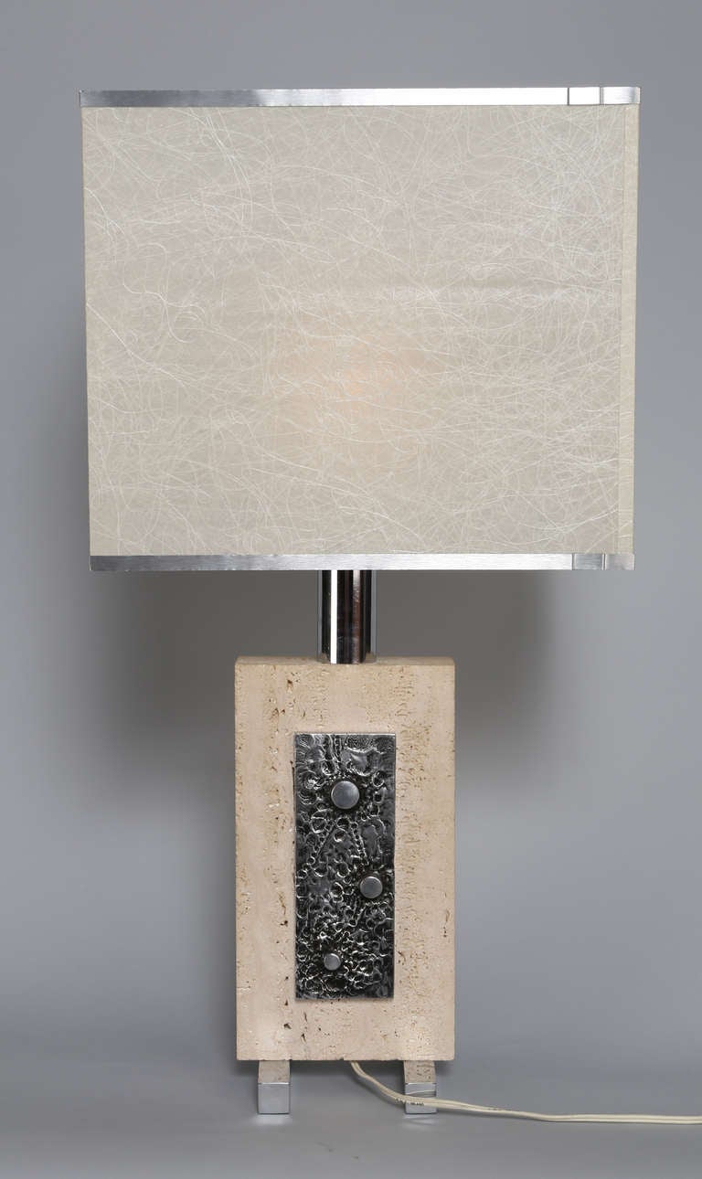 Late 20th Century Travertine and Steel Italian Table Lamp, circa 1970s For Sale