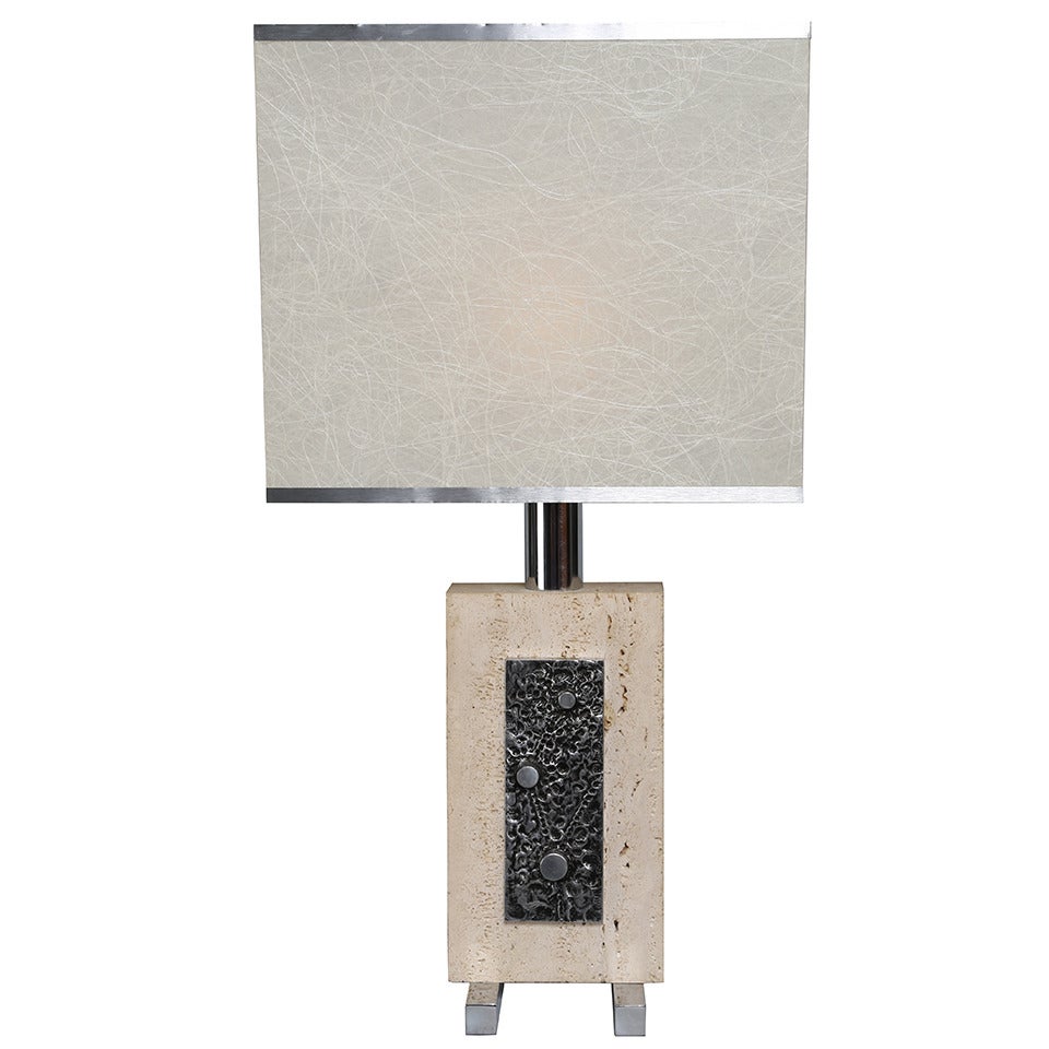 Travertine and Steel Italian Table Lamp, circa 1970s For Sale