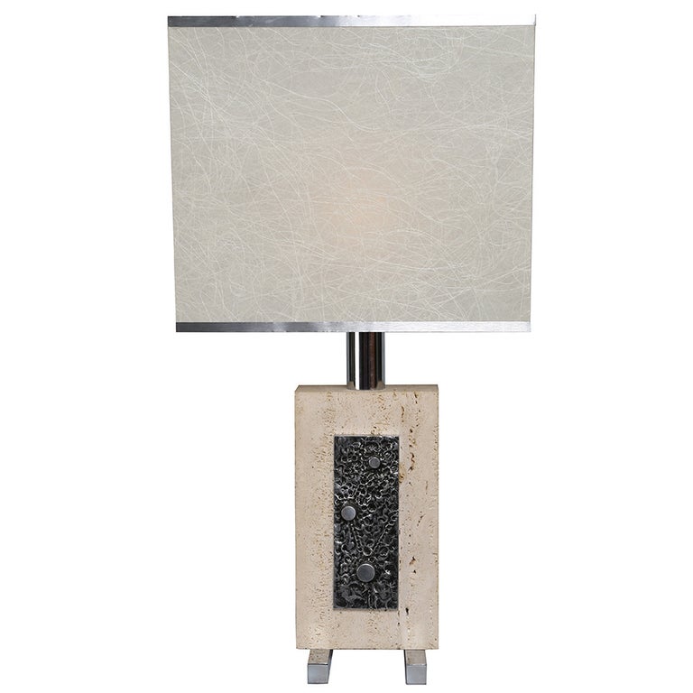 Travertine and Steel Italian Table Lamp, circa 1970s For Sale at 1stDibs