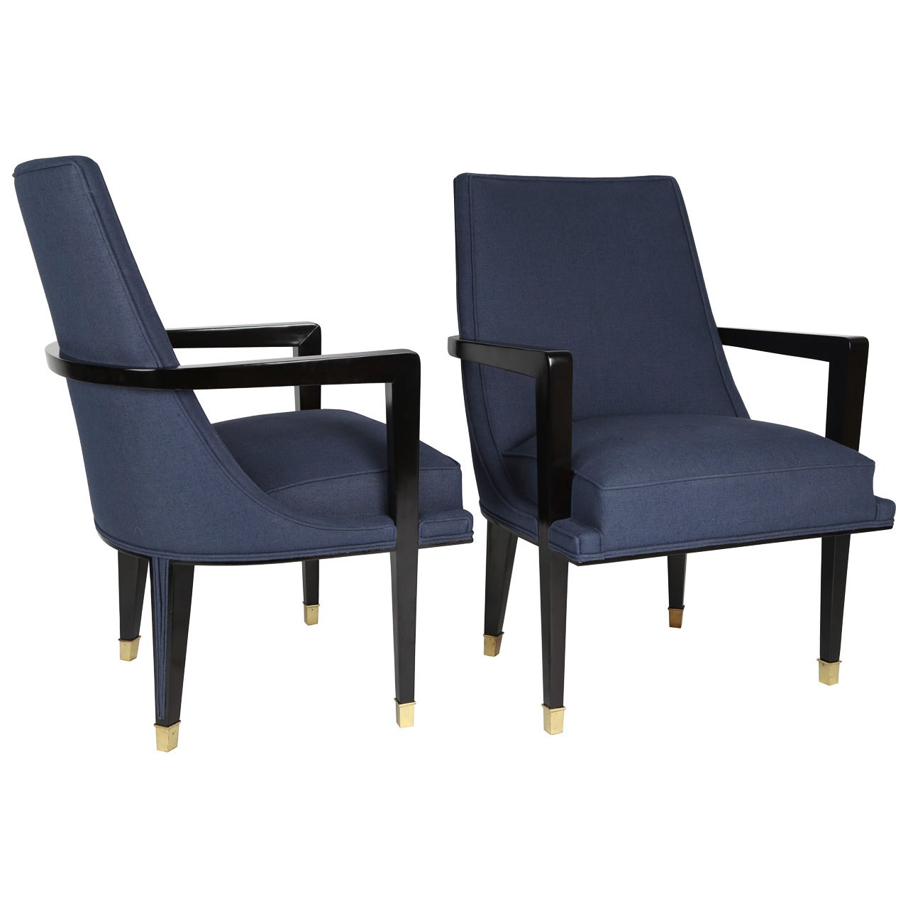 Pair of Ebonized Wood and Brass Armchairs by Roberto and Mito Block, circa 1950s For Sale