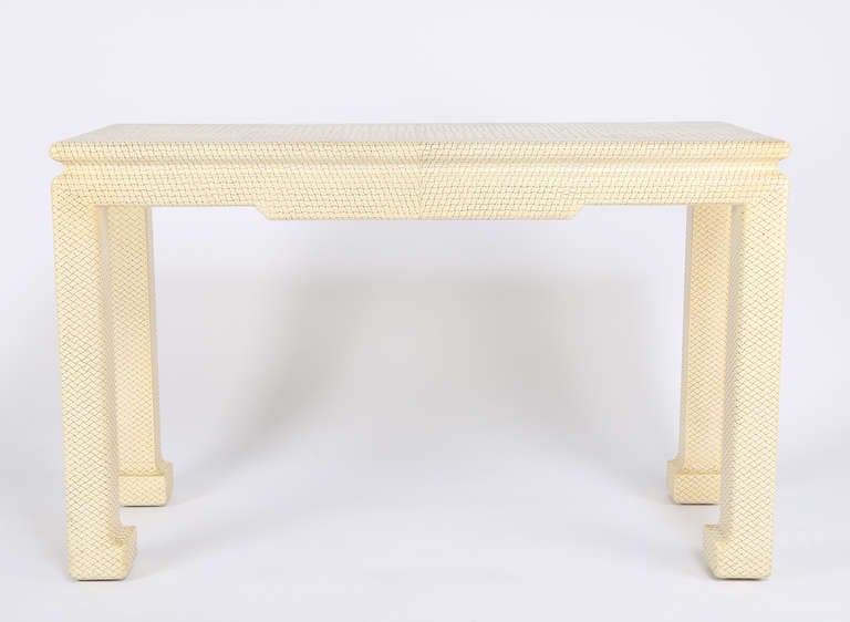 1970s Karl Springer console wrapped in embossed ivory vinyl. Signed with leather label. 

