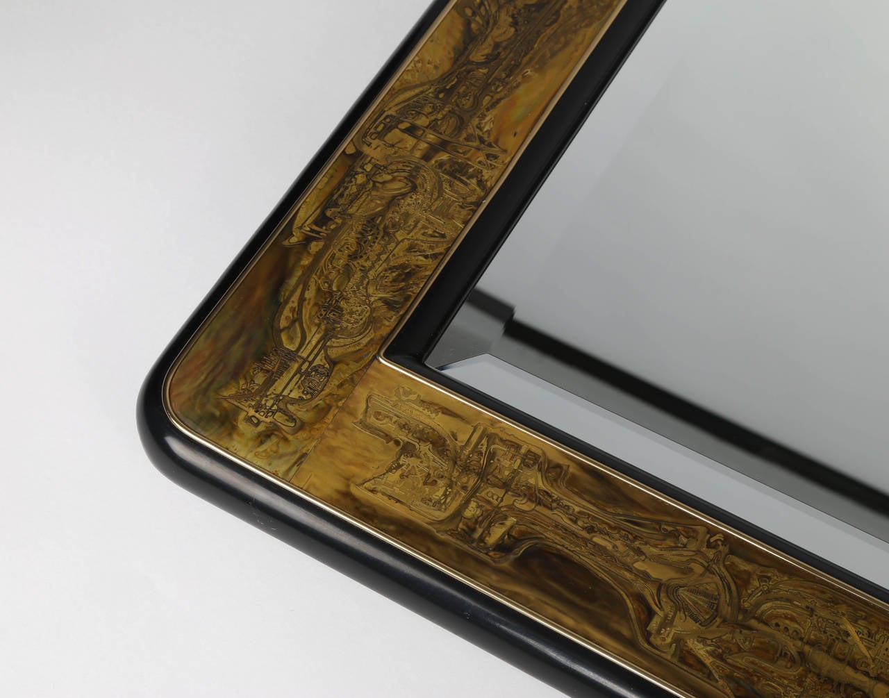 American Large Etched-Brass Mirror by Bernhard Rohne for Mastercraft, circa 1970s