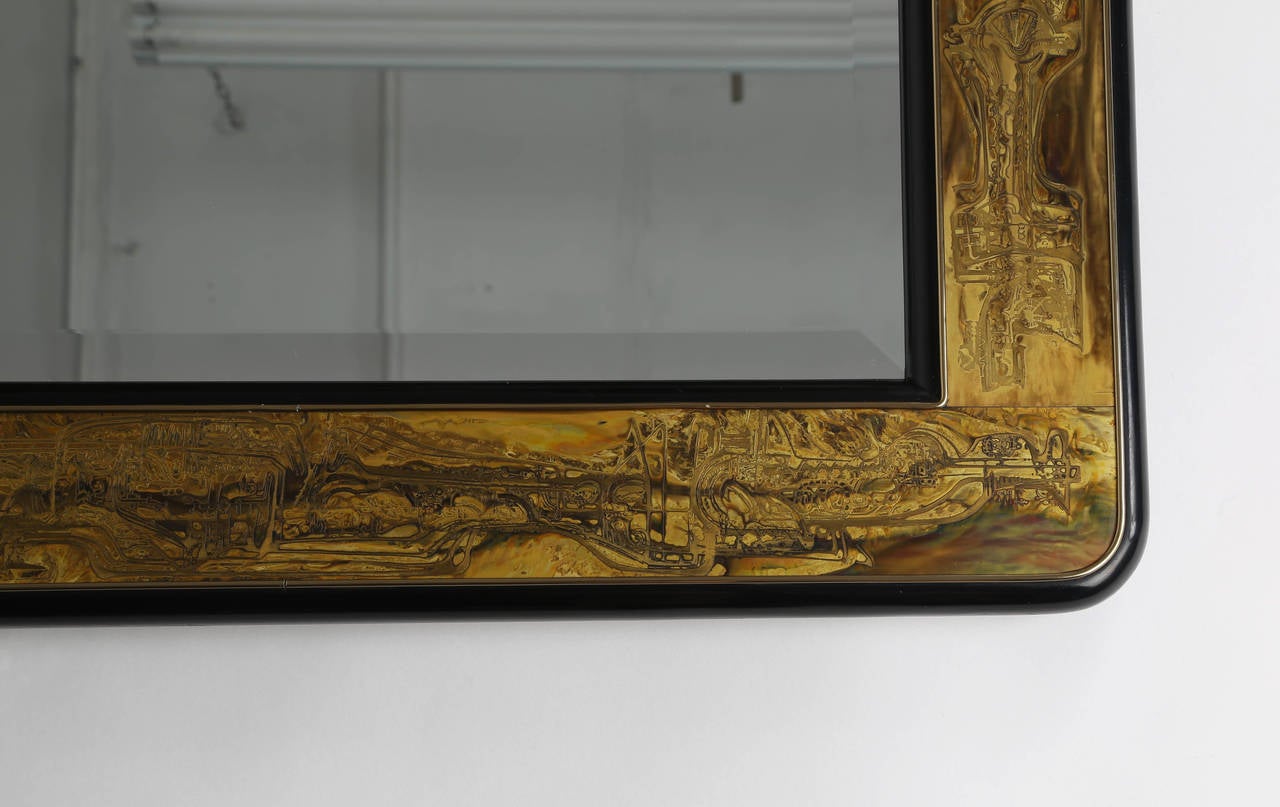 Large Etched-Brass Mirror by Bernhard Rohne for Mastercraft, circa 1970s 1