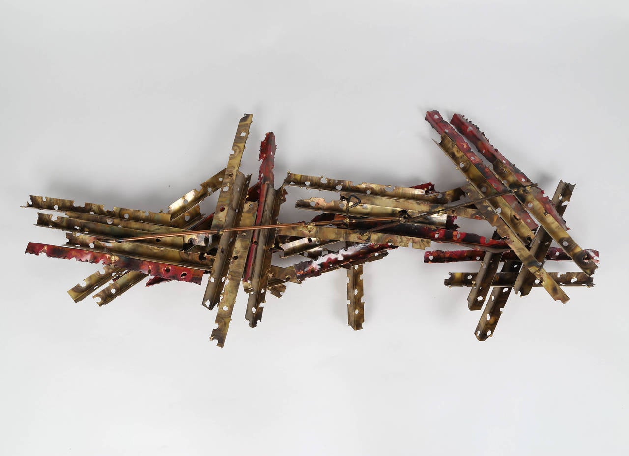 American Brutalist 1970s Wall Sculpture in Patinated Brass and Copper by Silas Seandel For Sale