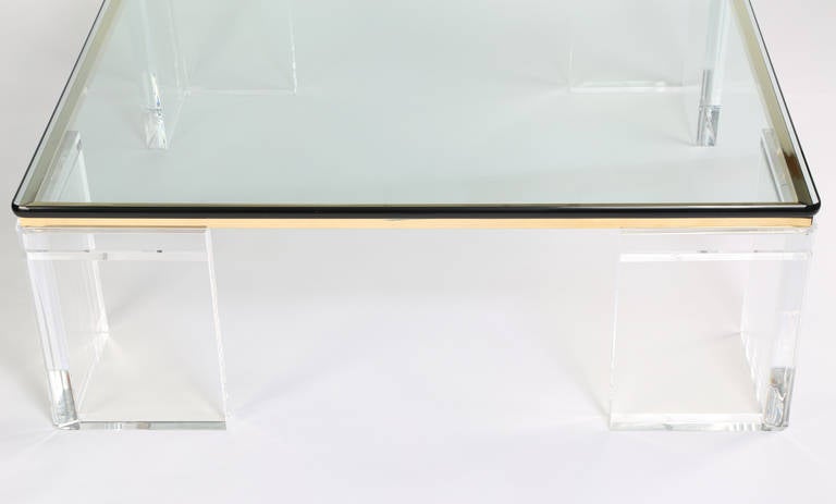 Late 20th Century Lion in Frost Lucite, Brass and Glass Cocktail Table