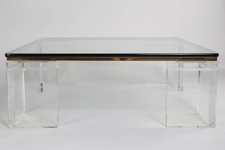 American Lion in Frost Lucite, Brass and Glass Cocktail Table