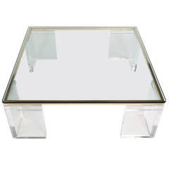 Lion in Frost Lucite, Brass and Glass Cocktail Table