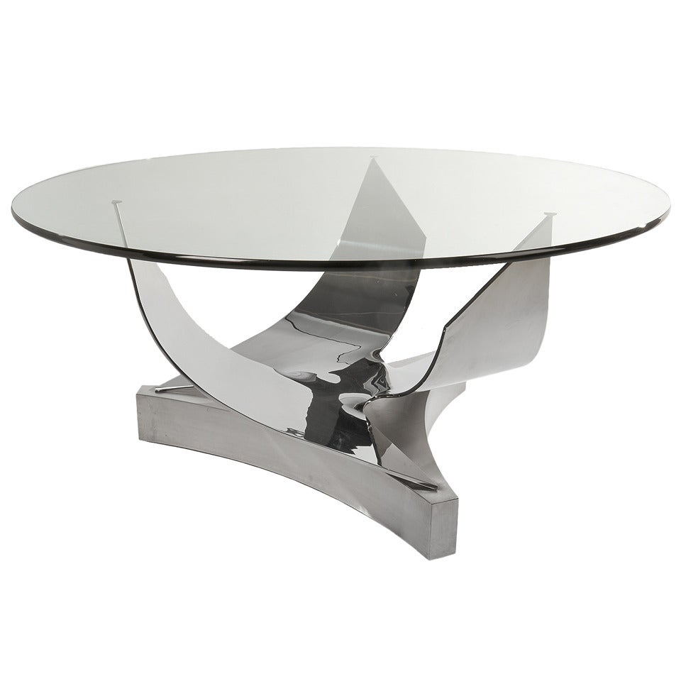 Ron Seff Sculptural Round Stainless Steel and Glass Dining Table, Circa 1980s For Sale