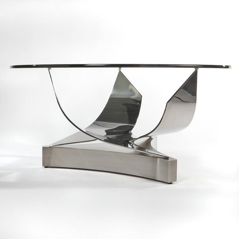 American Ron Seff Sculptural Round Stainless Steel and Glass Dining Table, Circa 1980s For Sale