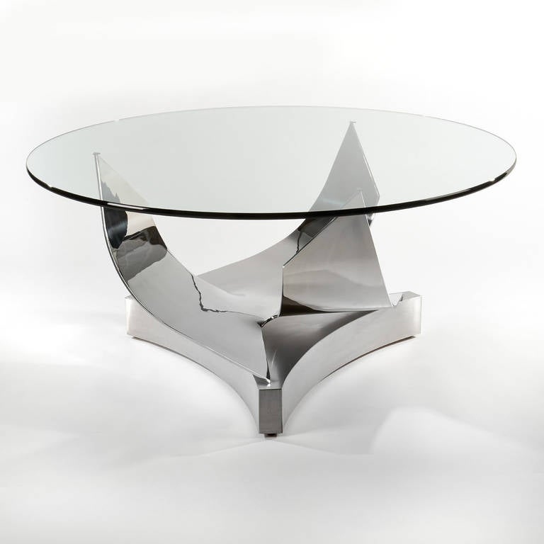 Polished Ron Seff Sculptural Round Stainless Steel and Glass Dining Table, Circa 1980s For Sale