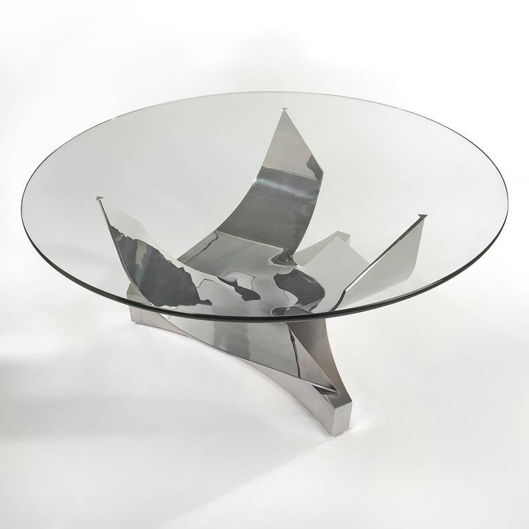 Ron Seff Sculptural Round Stainless Steel and Glass Dining Table, Circa 1980s In Good Condition For Sale In Brooklyn, NY