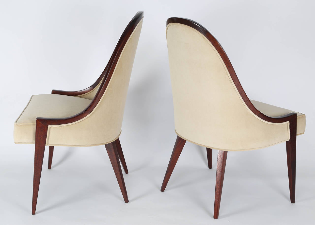 Pair of stunning 1950s Harvey Probber mahogany-frame Gondola lounge chairs for Century Design Ltd. Newly refinished and reupholstered in beige cotton velvet. A Classic Probber design. Fabric swatch available. We also have a single chair of this