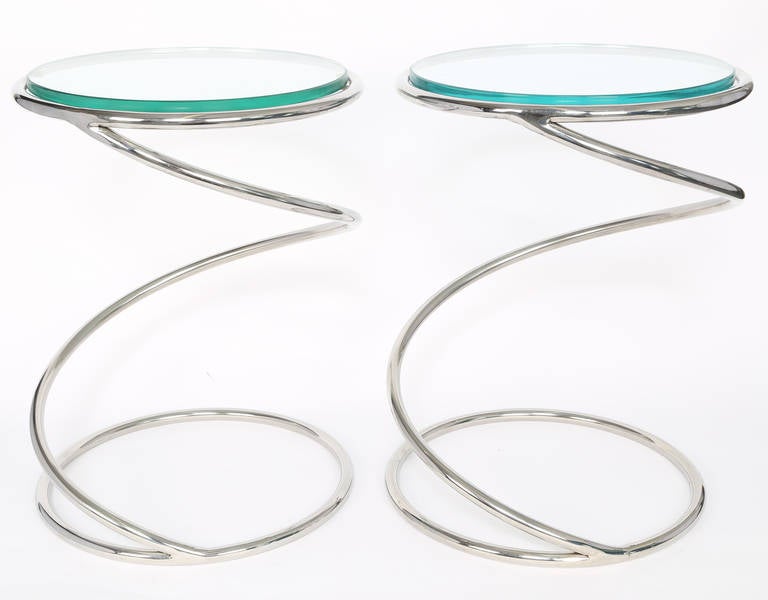 Fun 1970s side tables in the form of springs, by Pace Collection. Chrome-plated brass, 1/2-inch glass.