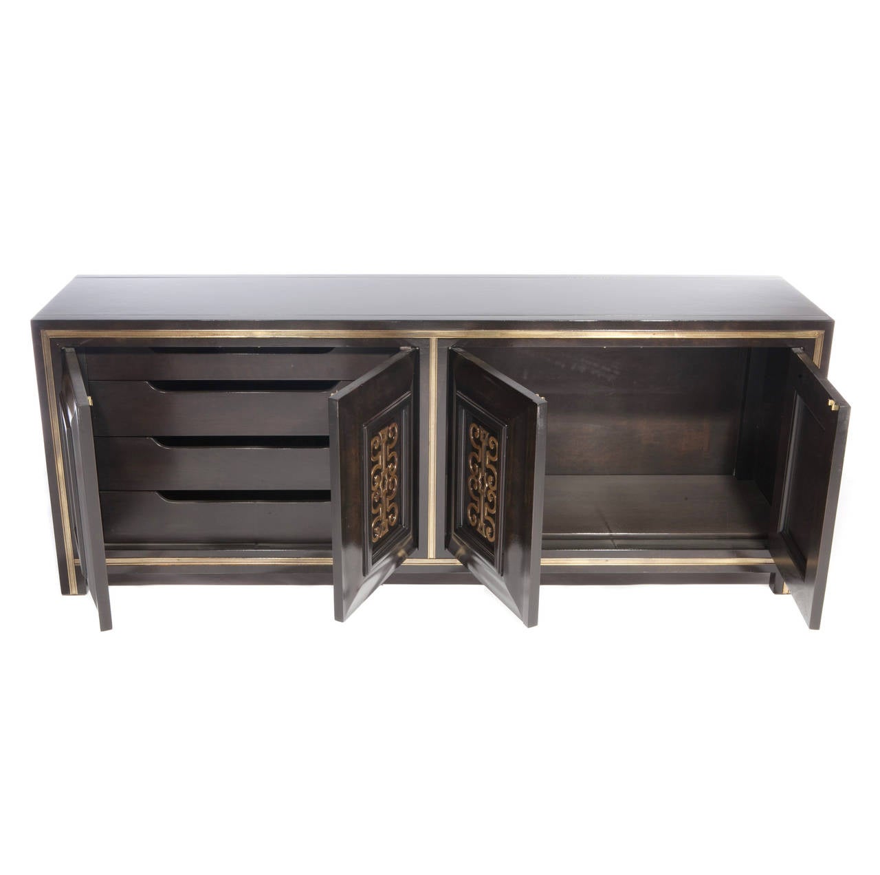 Mastercraft Dark Burl Four-Door Cabinet or Sideboard with Brass Detail 1