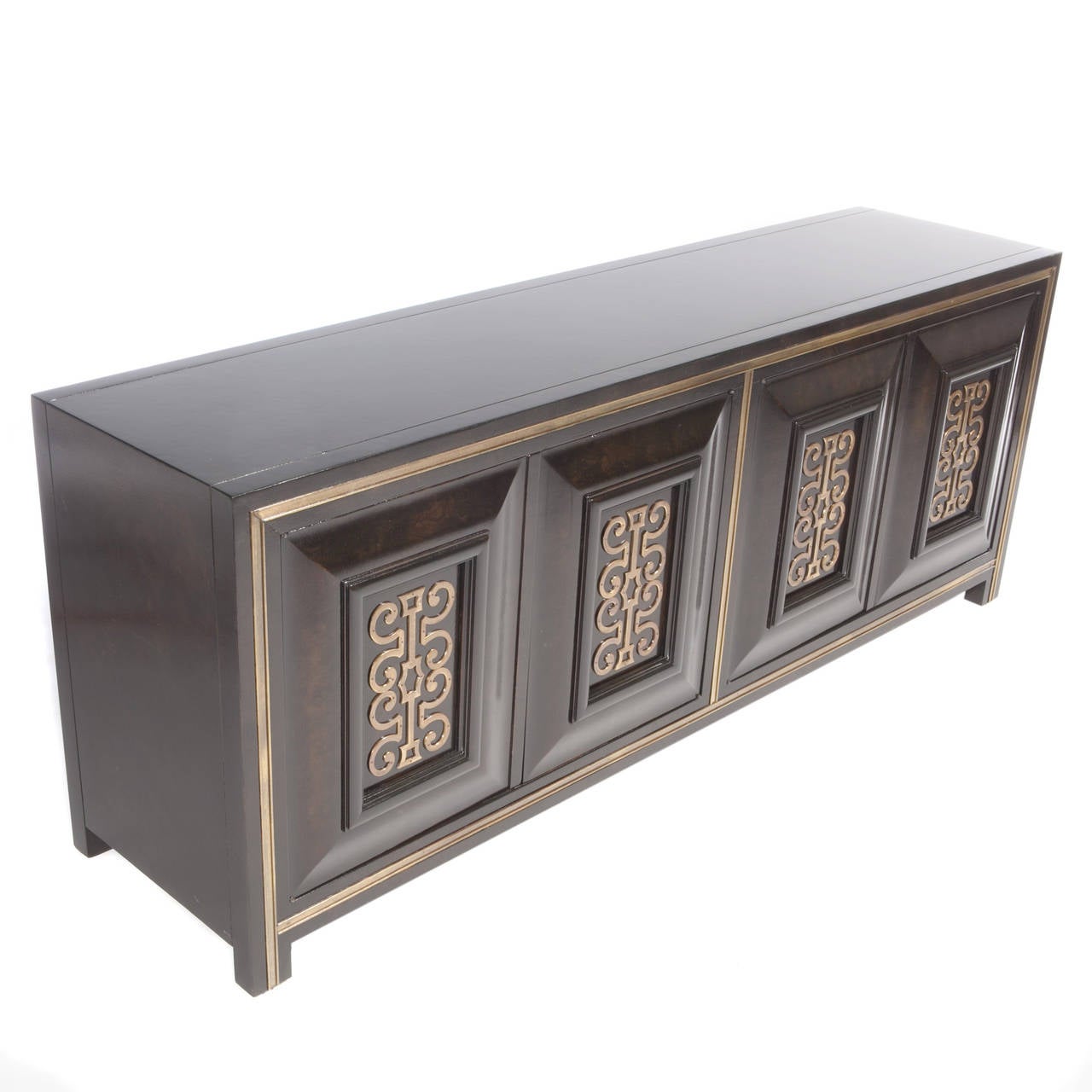 American Mastercraft Dark Burl Four-Door Cabinet or Sideboard with Brass Detail