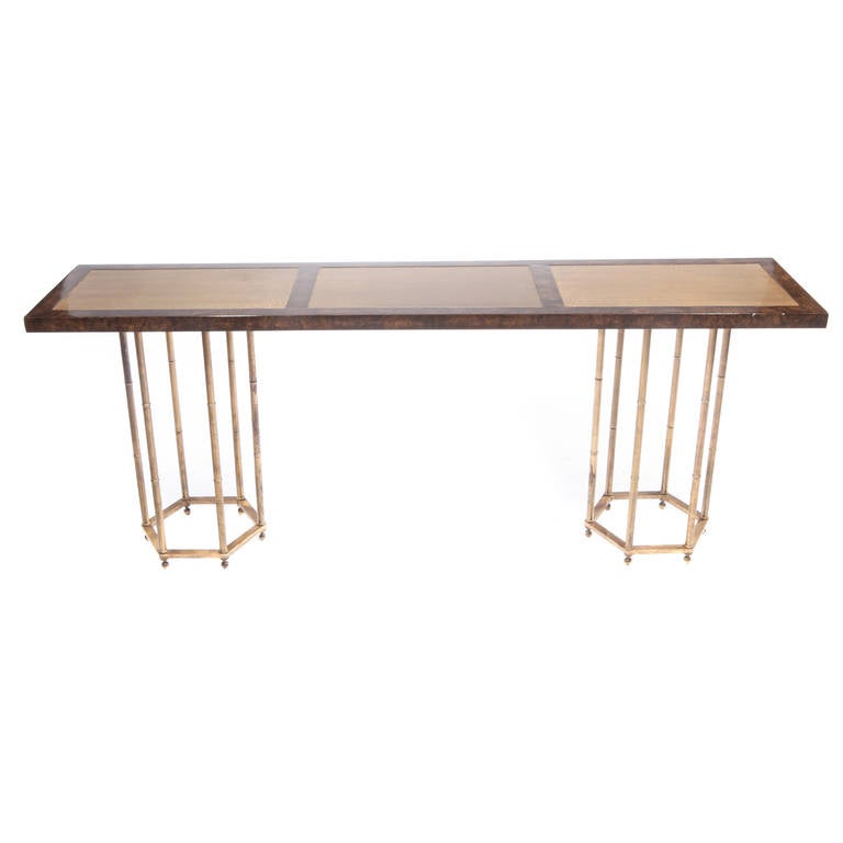 Burl and Brass Double-Pedestal Console Table For Sale 4