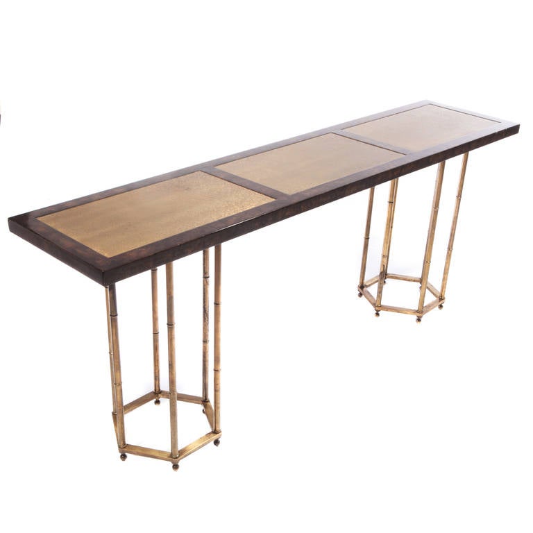 Burl and Brass Double-Pedestal Console Table For Sale 1