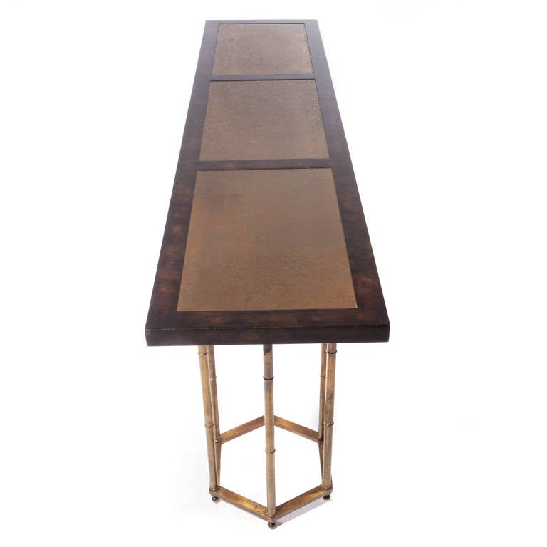Late 20th Century Burl and Brass Double-Pedestal Console Table For Sale