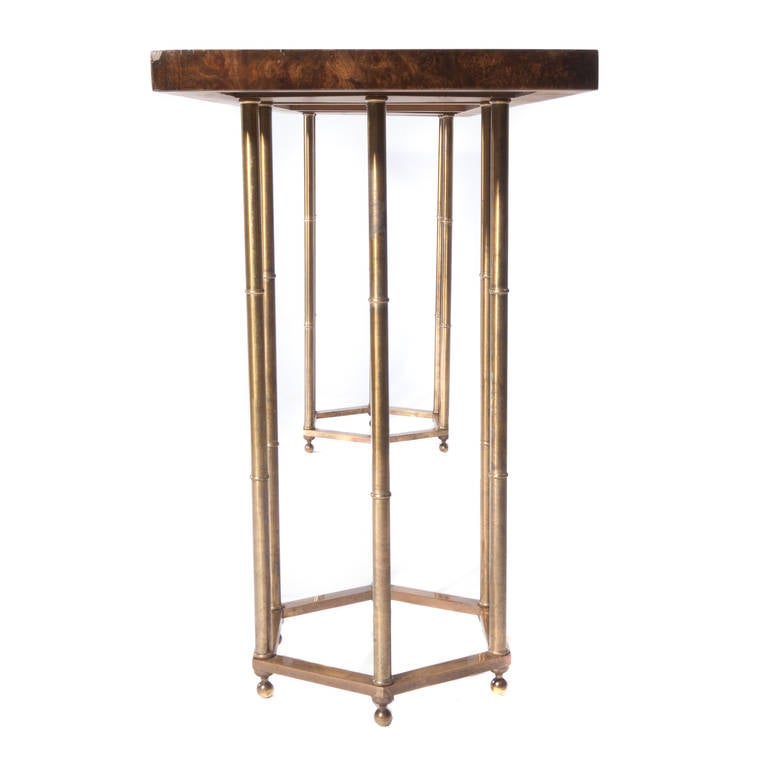Burl and Brass Double-Pedestal Console Table In Good Condition For Sale In Brooklyn, NY