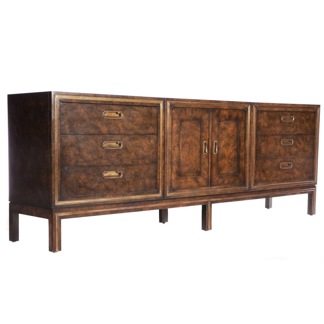 Mastercraft 1970s Burl and Brass Three-Cabinet Sideboard In Good Condition In Brooklyn, NY