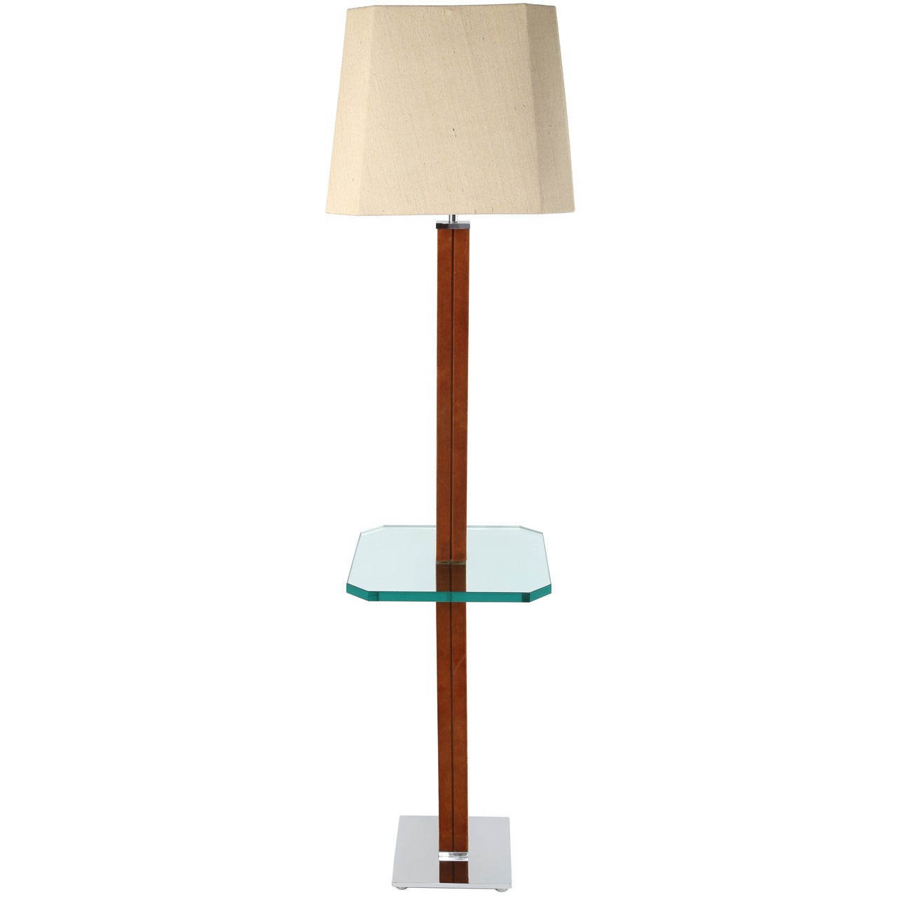 1970s Karl Springer Chrome, Suede and Glass Lamp Table For Sale