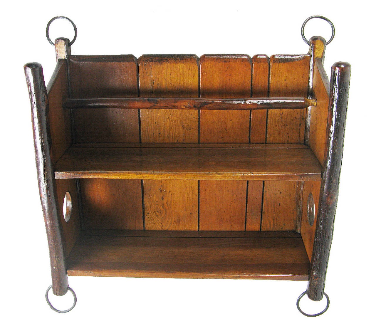 This uncommon hanging shelf has hickory pole uprights and pine slat backs, shelves and sides. There are two iron rings on the bottom of the front poles, and two on the top of the back poles. The shelves have plate grooves and a brace rod on the top