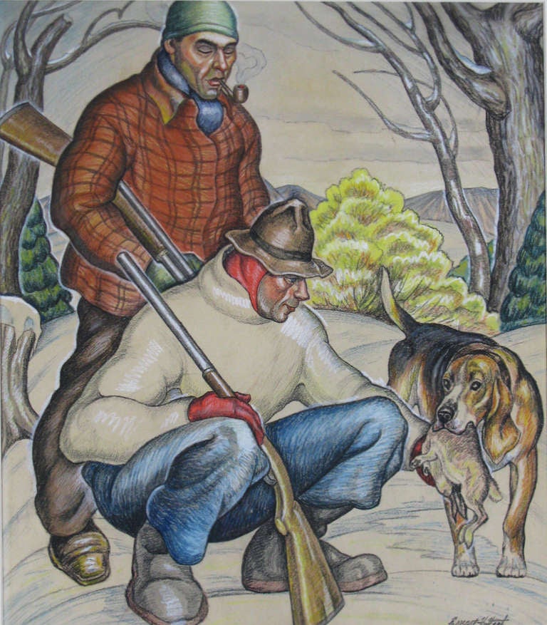 A large pastel depiction of two hunters with their hound. It is framed in a high-quality period reproduction quarter-sawn oak frame. The artist is Ernest Huntley Hart (1910-1985), whose WPA Federal Arts Project murals can still be seen in and around