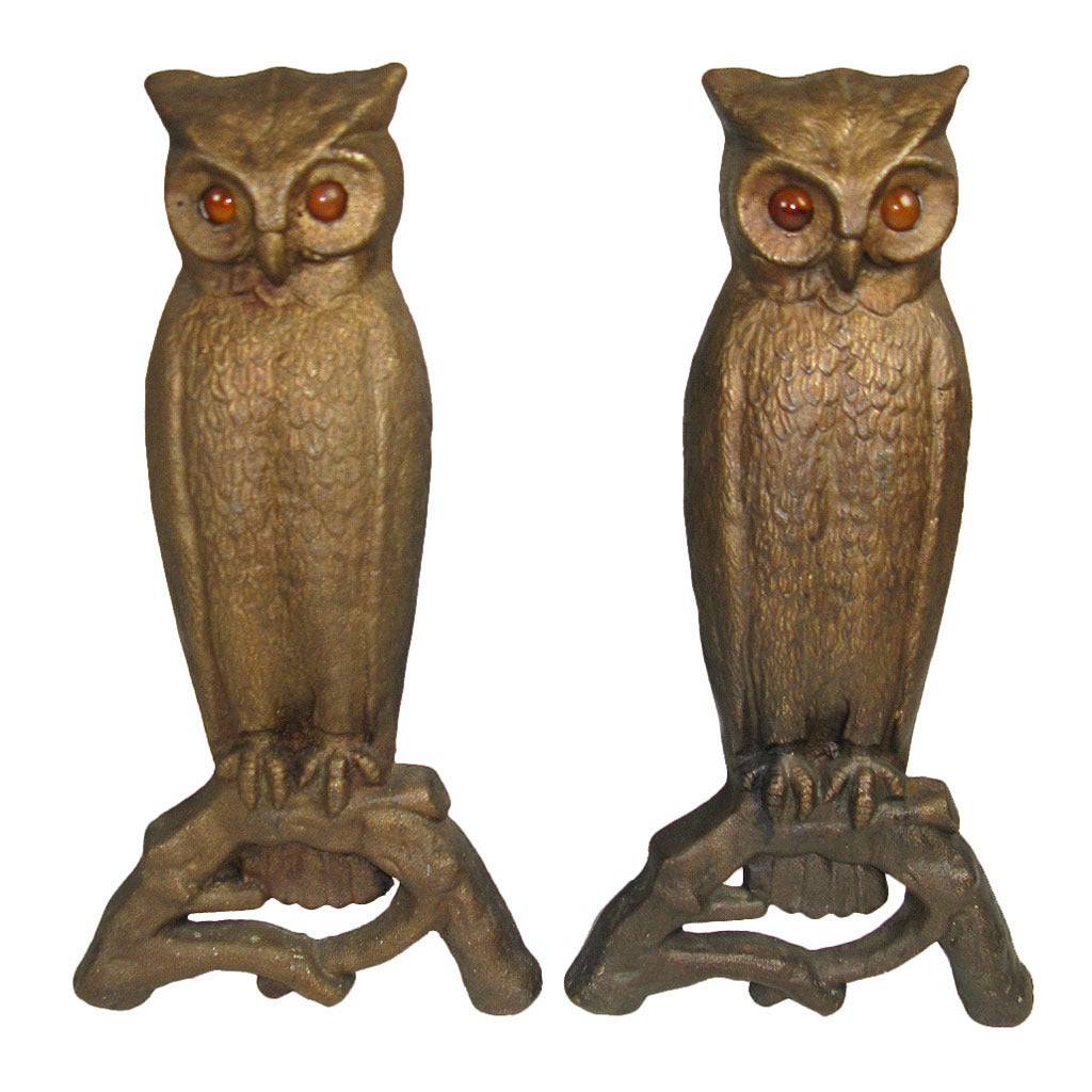Tall Cast Iron Owl Andirons