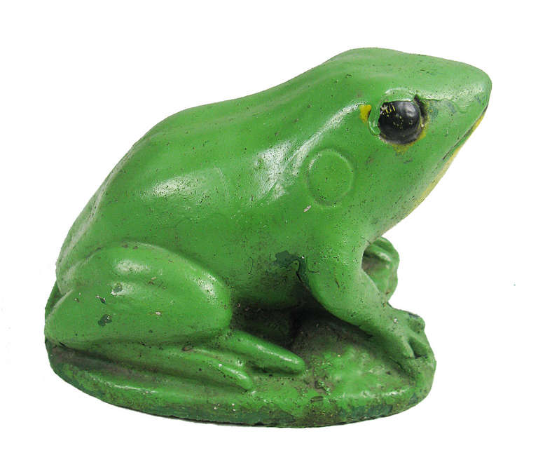 A plump vintage cement bullfrog with a lime green body and yellow throat, ready to decorate your lawn, garden, porch or bookshelf.