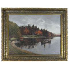 Antique Lake with Canoe Landscape Painting
