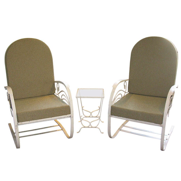 Pair of Iron Spring Chairs and Table For Sale