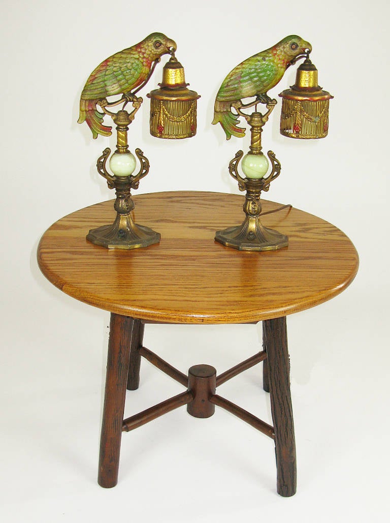 Pair of Cast Iron Parrot Lamps In Excellent Condition In Damariscotta, ME