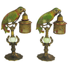 Antique Pair of Cast Iron Parrot Lamps
