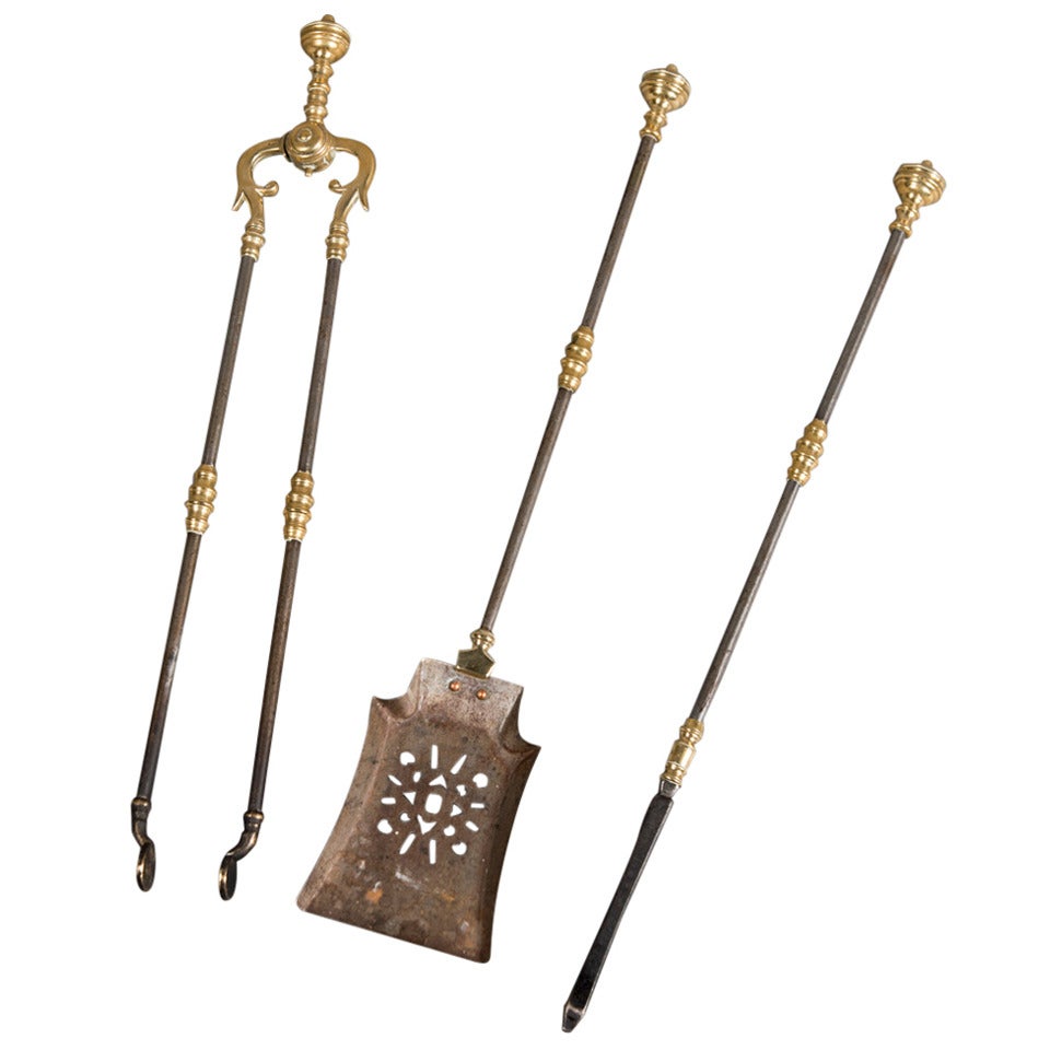 A Georgian 3 Piece Set of Brass and Steel Fire Irons For Sale