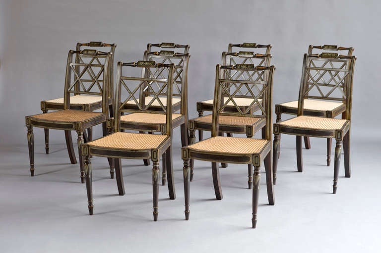 10 Regency Black And Green Painted Dining Chairs