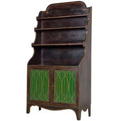 Antique Regency Faux Rosewood Waterfall Bookcase, The Doors With Faux Silk Decorated Panels. Circa 1815