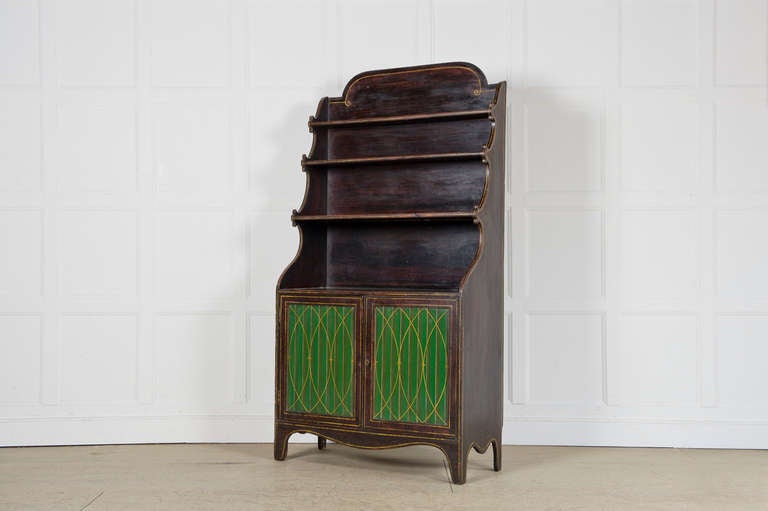 Regency Faux Rosewood Waterfall Bookcase, The Doors With Faux Silk Decorated Panels. Circa 1815