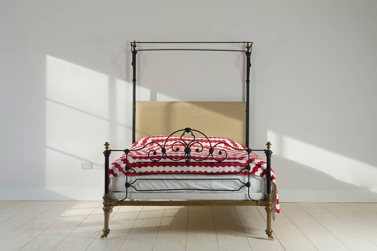 English Late Victorian Iron and Brass Half Tester Bed, circa 1880 For Sale