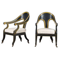 Pair Of Regency Spoon-backed Bergere Armchairs, Ebonised And Highlighted With Painted Lines. Circa 1815