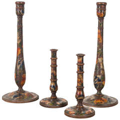 Vintage Two Pairs of Early 20th Century Candlesticks with Pyrography Decoration