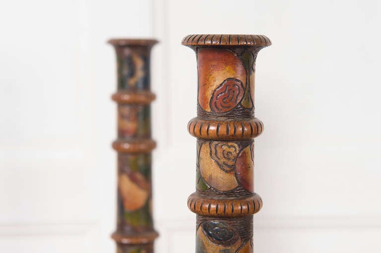 Two Pairs of Early 20th Century Candlesticks with Pyrography Decoration For Sale 1
