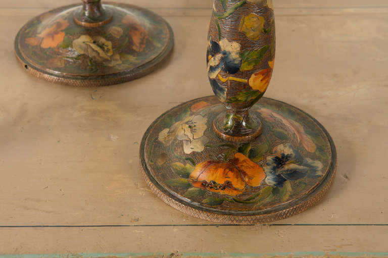 British Two Pairs of Early 20th Century Candlesticks with Pyrography Decoration For Sale