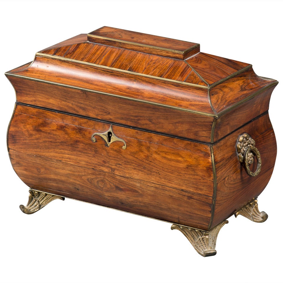 Early 19th Century Bombe Shaped Kingswood Veneered and Brass Strung Tea Caddy For Sale