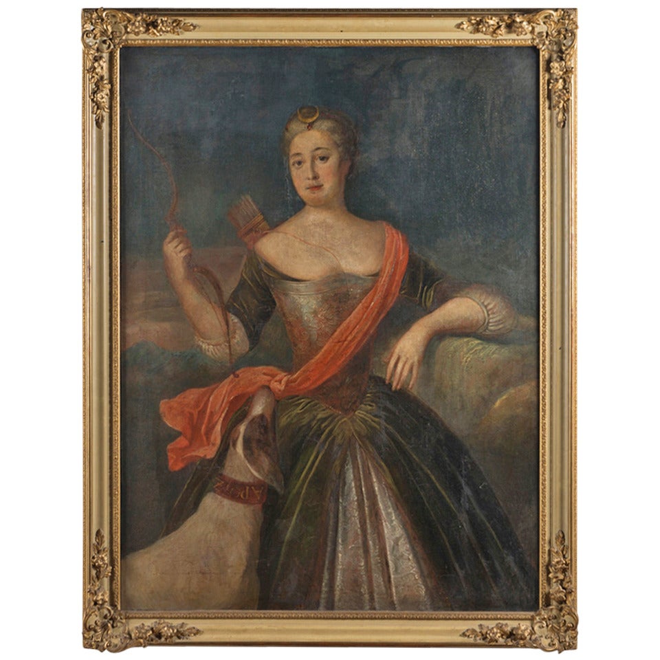 Large portrait of Diana the hunter, French, circa 1790, in her original frame For Sale