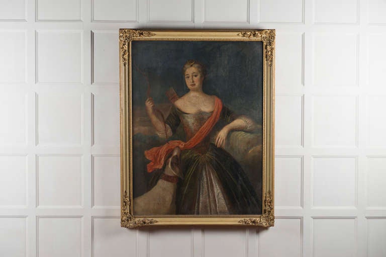 Large portrait of Diana the hunter, French, circa 1790, in her original frame In Good Condition For Sale In Avington, Hampshire